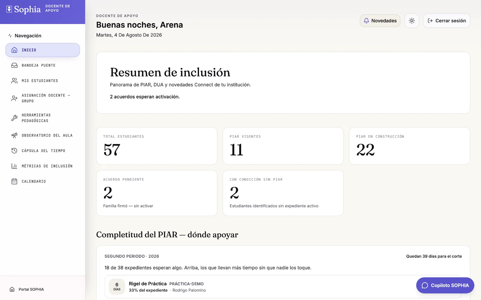 Panel de la docente de apoyo: resumen de inclusión de toda la institución y la lista de expedientes ordenada por cuáles llevan más tiempo sin que nadie los toque.