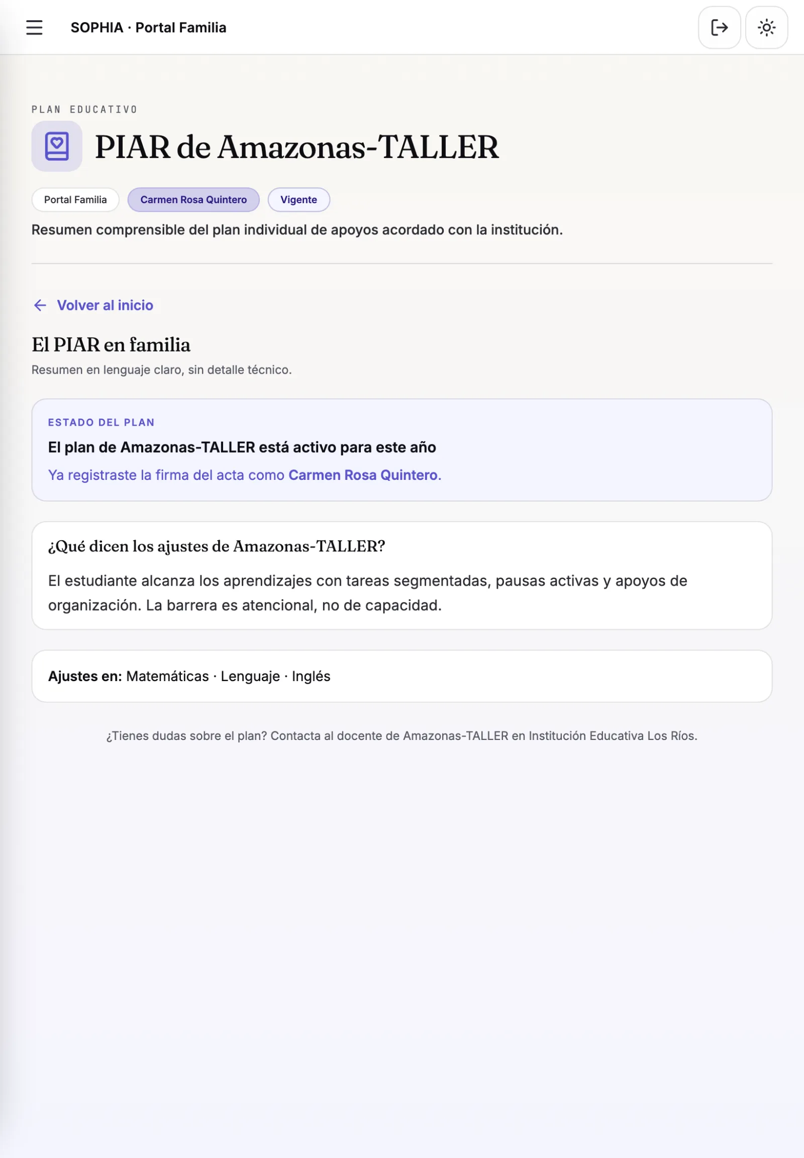 Resumen del PIAR en el portal de familia, escrito en lenguaje llano: qué dicen los ajustes y en qué áreas se aplican.