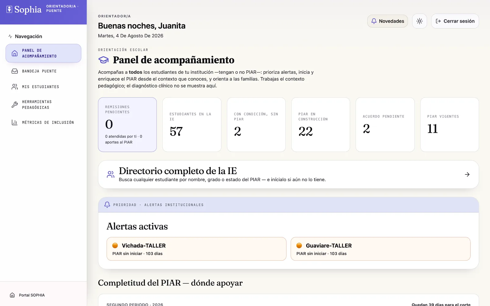 Panel de acompañamiento del orientador: remisiones pendientes, el directorio completo de la institución y las alertas activas por expedientes sin iniciar.
